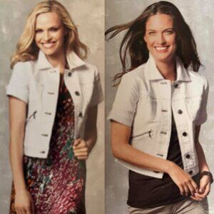 Short Sleeve Cropped White Denim Jean Jacket CAbi #358 Women's Medium Vintage